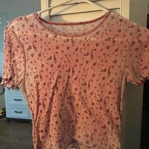 American Eagle Outfitters Pink Floral Ribbed Short Sleeve Tee
